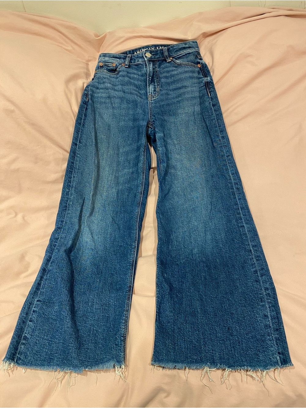 American Eagle Outfitters Wide-Leg Distressed Hem Blue Jeans